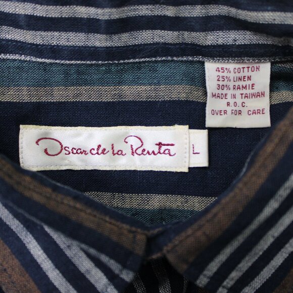 VTG Oscar De La Renta Shirt Mens Large Blue/Green Cotton/Linen/Ramie S/S Button - Picture 8 of 12
